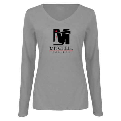 Womens Grey Long Sleeve V Neck Tee  - Mitchell College Vertical Logo
