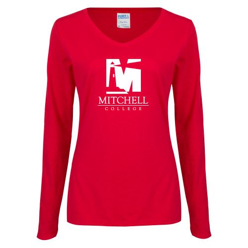  Womens Red Long Sleeve V Neck Tee - Mitchell College Vertical Logo