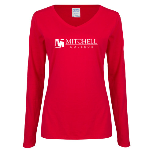  Womens Red Long Sleeve V Neck Tee - Mitchell College Horizontal Logo
