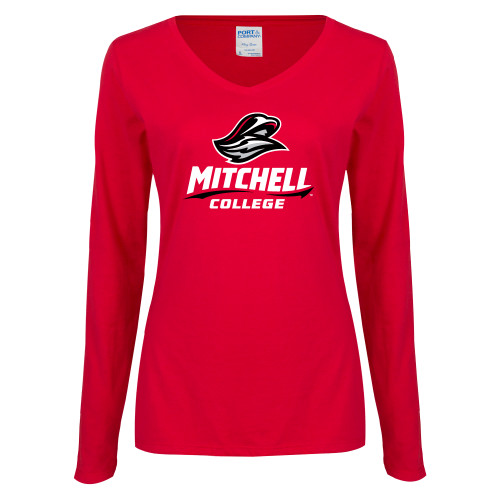  Womens Red Long Sleeve V Neck Tee - Primary Athletics Mark