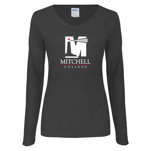  Womens Dark Heather Long Sleeve V Neck Tee  - Mitchell College Vertical Logo