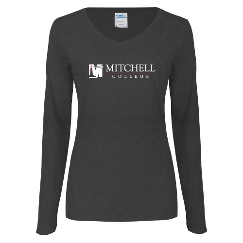  Womens Dark Heather Long Sleeve V Neck Tee  - Mitchell College Horizontal Logo