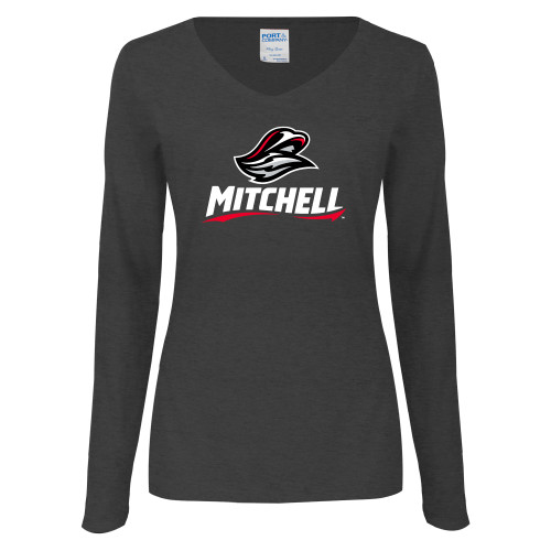  Womens Dark Heather Long Sleeve V Neck Tee  - Mitchell W Mariner