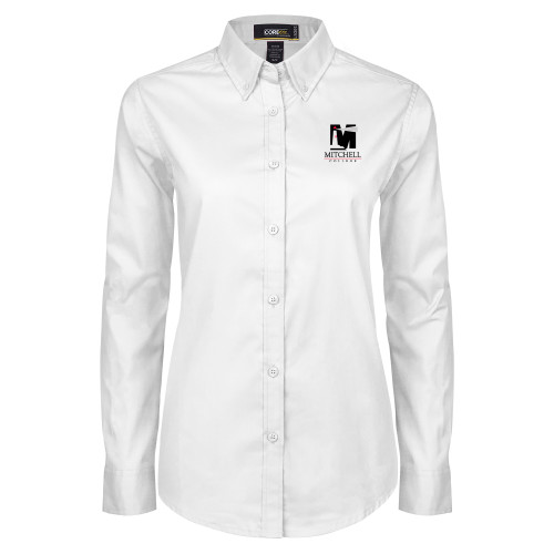  Womens White Twill Button Down Long Sleeve - Mitchell College Vertical Logo