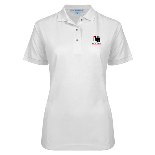  Womens Silk Touch White Pique Polo - Mitchell College Vertical Logo