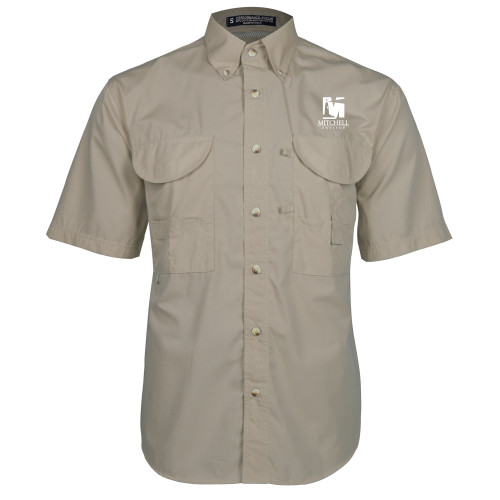  Khaki Fishing Shirt Performance Short Sleeve - Mitchell College Vertical Logo