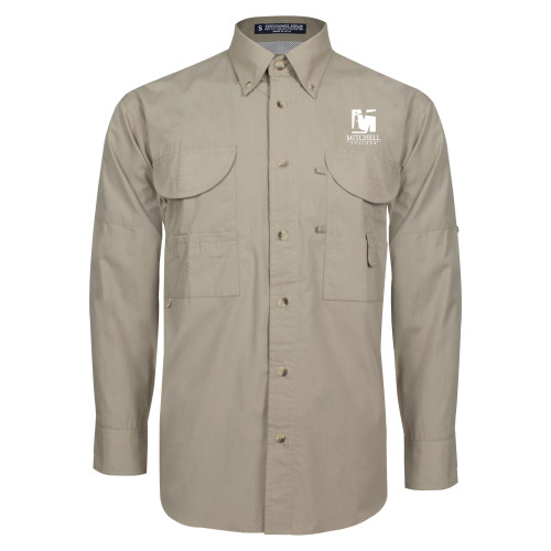  Khaki Fishing Shirt Performance Long Sleeve - Mitchell College Vertical Logo