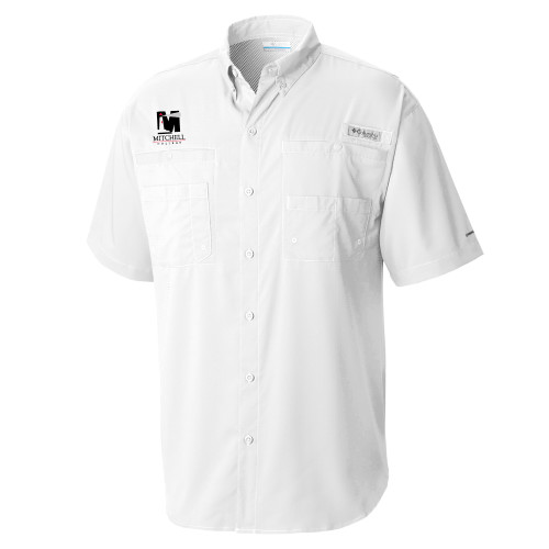  Columbia White Tamiami Performance Short Sleeve Shirt - Mitchell College Vertical Logo