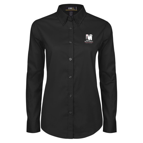  Womens Black Twill Button Down Long Sleeve  - Mitchell College Vertical Logo