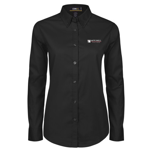  Womens Black Twill Button Down Long Sleeve  - Mitchell College Horizontal Logo