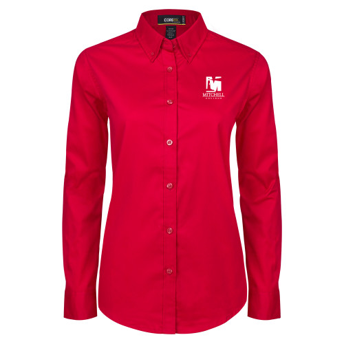  Womens Red Twill Button Down Long Sleeve  - Mitchell College Vertical Logo