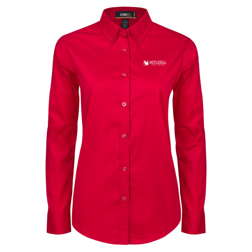  Womens Red Twill Button Down Long Sleeve  - Mitchell College Horizontal Logo