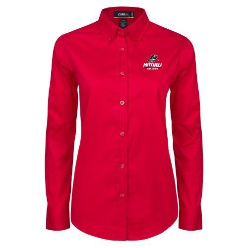  Womens Red Twill Button Down Long Sleeve  - Primary Athletics Mark