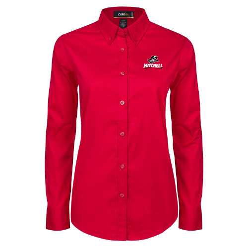  Womens Red Twill Button Down Long Sleeve  - Mitchell W Mariner