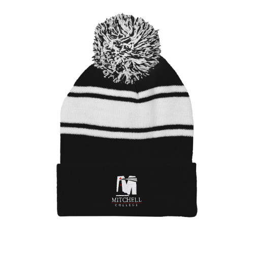  Black/White Two Tone Knit Pom Beanie w/Cuff - Mitchell College Vertical Logo