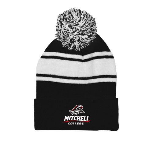  Black/White Two Tone Knit Pom Beanie w/Cuff - Primary Athletics Mark