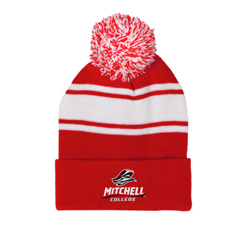  Red/White Two Tone Knit Pom Beanie w/Cuff - Primary Athletics Mark