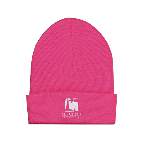  Fleece Lined Neon Pink Knit Beanie - Mitchell College Vertical Logo