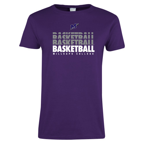  Womens Purple Short Sleeve Tee - Basketball Repeating
