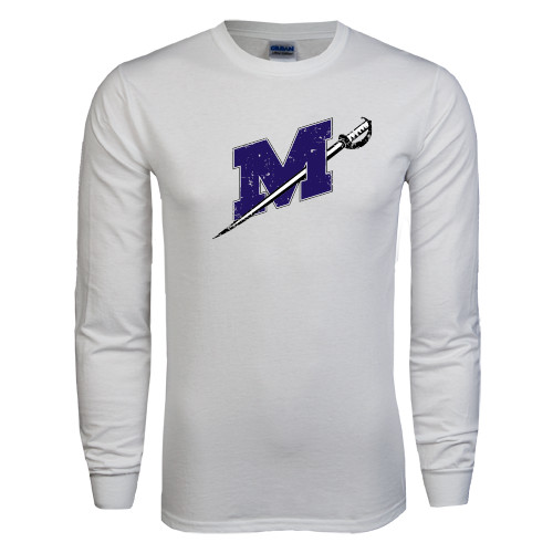  White Long Sleeve T Shirt - Official Logo Distressed