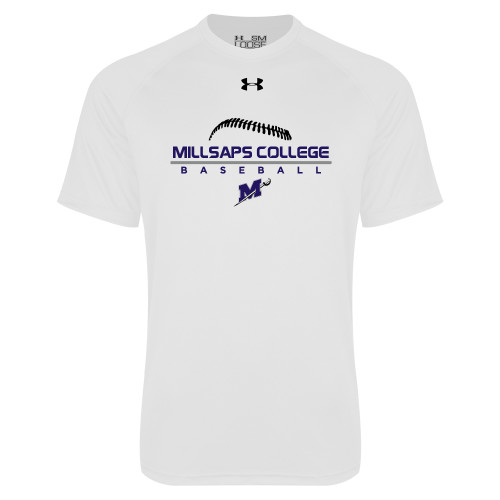 Under Armour White Tech Tee - Millsaps College Baseball Stacked