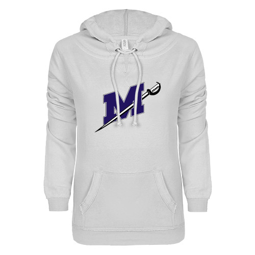  ENZA Womens White V Notch Raw Edge Fleece Hoodie - Official Logo