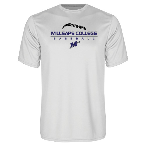  White Performance Tee - Millsaps College Baseball Stacked