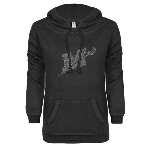 ENZA Womens Black V Notch Raw Edge Fleece Hoodie - Official Logo Graphite Glitter