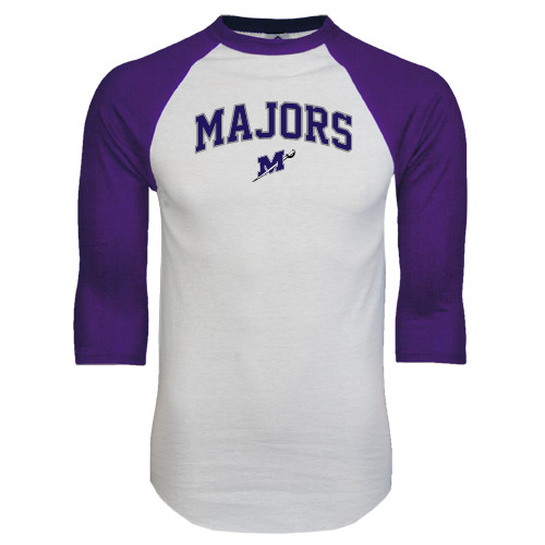  White/Purple Raglan Baseball T Shirt - Arched Majors w/ Primary Logo