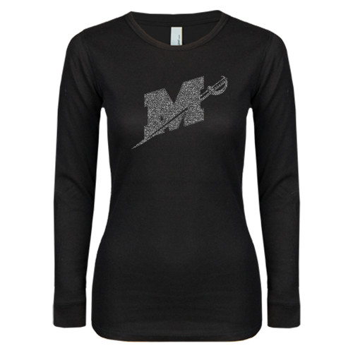  Womens Black Long Sleeve V Neck Tee  - Official Logo Graphite Glitter
