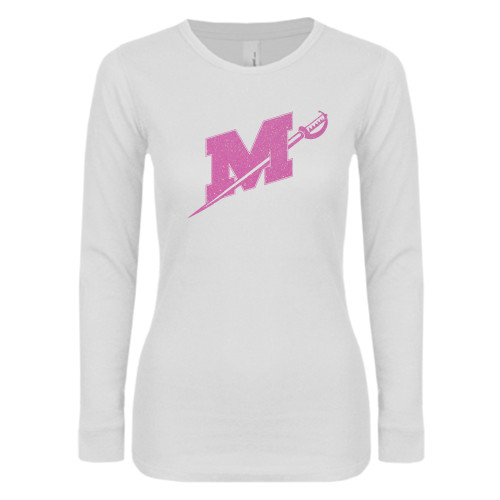  Womens White Long Sleeve V Neck Tee - Official Logo Neon Pink Glitter