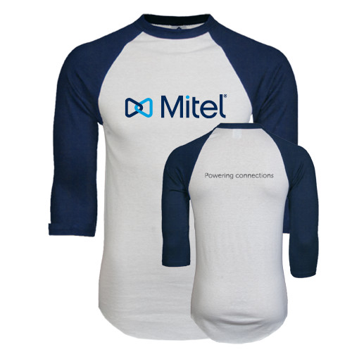 Mitel White/Navy Raglan Baseball T Shi