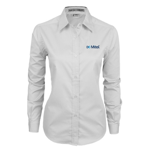 Mitel Womens White Twill Button Down Long Sleev