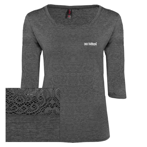 Mitel Ladies Charcoal Heather Tri Blend Lace 3/4 Sleeve T