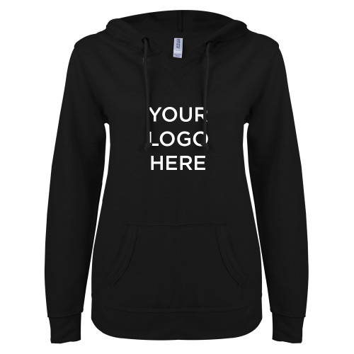 ENZA Womens Black V Notch Raw Edge Fleece Hoodie-Your Logo Here