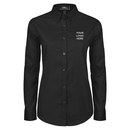 Womens Black Twill Button Down Long Sleeve -Your Logo Here