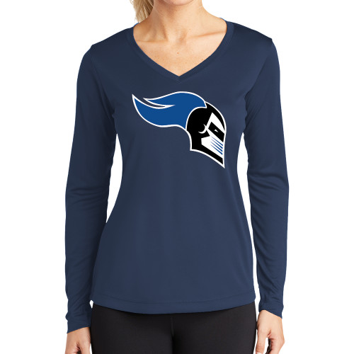  Womens Navy Performance Long Sleeve V Neck Shirt - Knight Head Logo