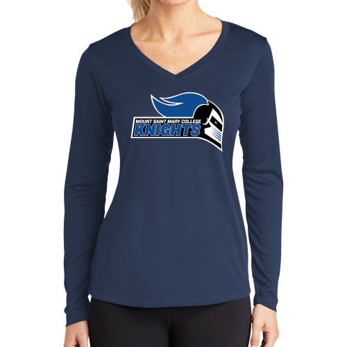  Womens Navy Performance Long Sleeve V Neck Shirt - Knight Head Logo with Type