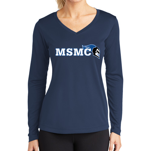  Womens Navy Performance Long Sleeve V Neck Shirt - MSMC Knight Head Logo
