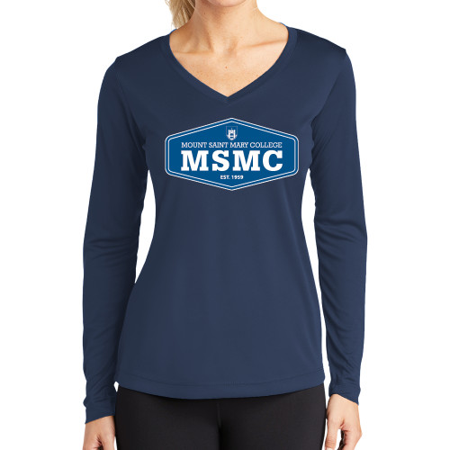  Womens Navy Performance Long Sleeve V Neck Shirt - MSMC Blue