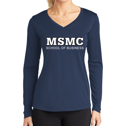  Womens Navy Performance Long Sleeve V Neck Shirt - MSMC School of Business