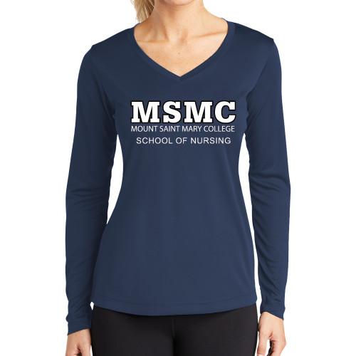  Womens Navy Performance Long Sleeve V Neck Shirt - MSMC Stacked School of Nursing