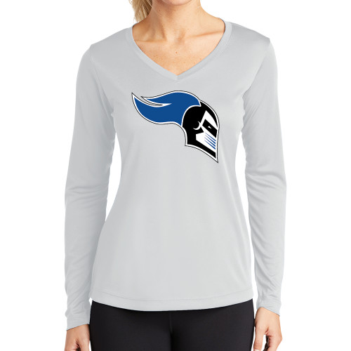  Womens White Performance Long Sleeve V Neck Shirt - Knight Head Logo