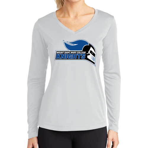  Womens White Performance Long Sleeve V Neck Shirt - Knight Head Logo with Type