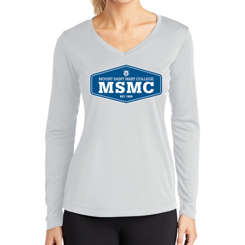 Womens White Performance Long Sleeve V Neck Shirt - MSMC Blue