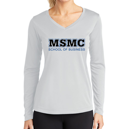  Womens White Performance Long Sleeve V Neck Shirt - MSMC School of Business