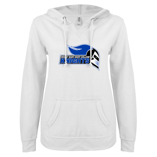  ENZA Womens White V Notch Raw Edge Fleece Hoodie - Knight Head Logo with Type