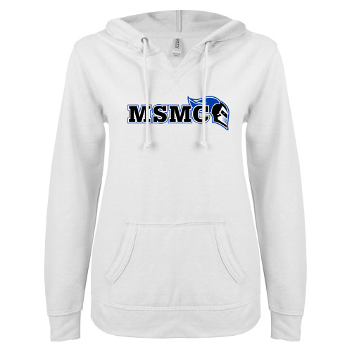  ENZA Womens White V Notch Raw Edge Fleece Hoodie - MSMC Knight Head Logo