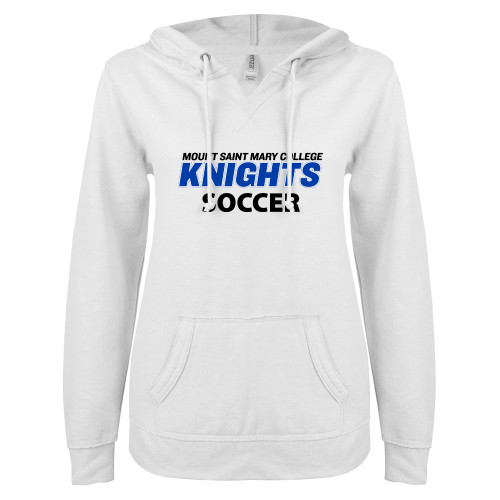  ENZA Womens White V Notch Raw Edge Fleece Hoodie - Soccer
