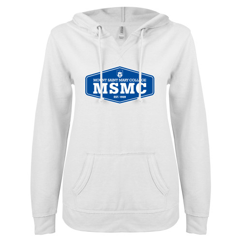  ENZA Womens White V Notch Raw Edge Fleece Hoodie - MSMC Blue